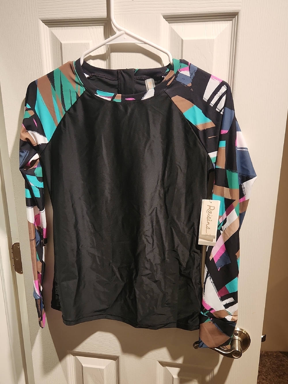Raisins Black Swim Top With Multicolored Sleeves